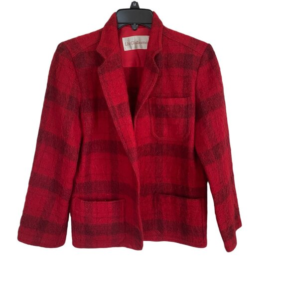 Liz Claiborne women's red with faded black checkered long open front blazer sz 6 - Picture 8 of 11